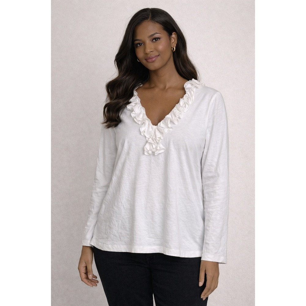 Chaps-White Ruffled Long Sleeve Top Size XL